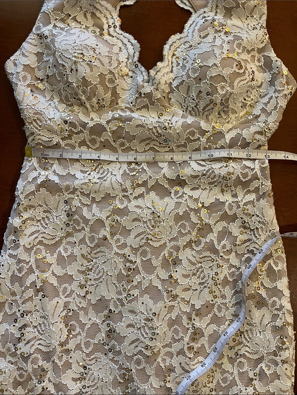 Ivory Lace Open-Back Dress, sequins. Morgan & Co. Stretchy. Bridal shower. S-M - Picture 10 of 12